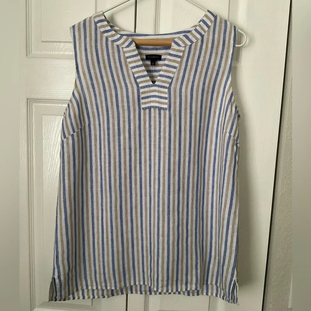 Talbots Sleeveless Linen Lace-up V-neck Top Blue, White & Tan Striped Size M NWT - Picture 9 of 10